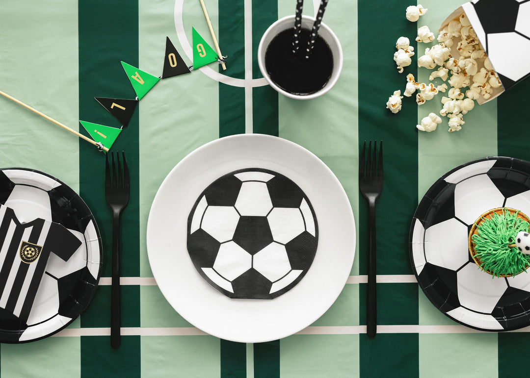 Football Shaped Paper Napkins - Soccer Ball Serviettes - Match Day Stadium Tableware - Sports Birthday Party Decor - Black & White - 20 Pcs - Jolie Fete UK