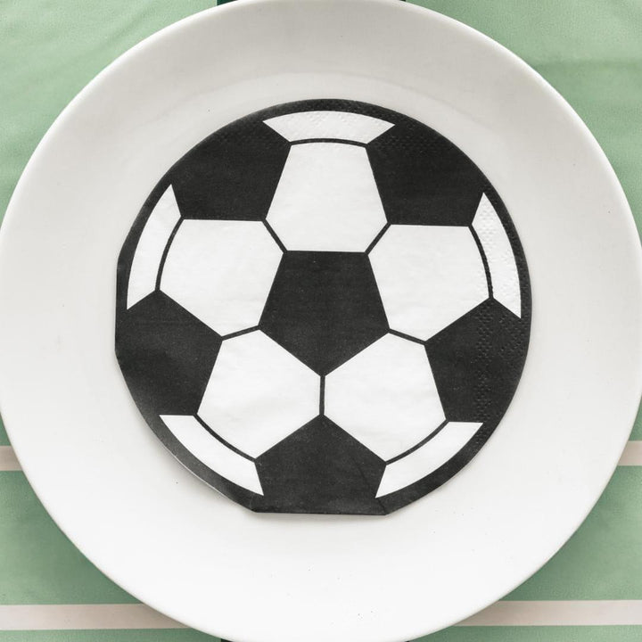 Football Shaped Paper Napkins - Soccer Ball Serviettes - Match Day Stadium Tableware - Sports Birthday Party Decor - Black & White - 20 Pcs - Jolie Fete UK