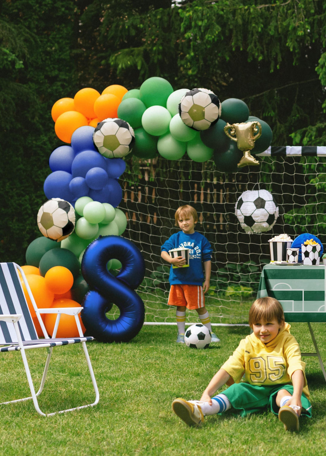 Football Trophy Balloon Garland Kit - Gold Winner's Cup & Soccer Ball Foil Balloons - Sports Award Ceremony Decor - Match Day Victory Party - Jolie Fete UK