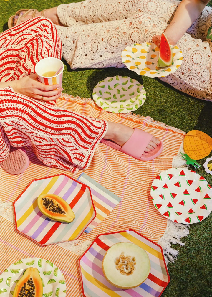Fruit Paper Plates - Summer Party Tableware - Tropical Picnic Decor - 20.5cm Plates - Watermelon, Lime, Pineapple - BBQ Birthday - Pack Of 6 - Jolie Fete UK
