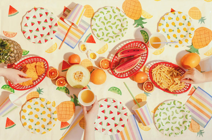 Fruit Paper Plates - Summer Party Tableware - Tropical Picnic Decor - 20.5cm Plates - Watermelon, Lime, Pineapple - BBQ Birthday - Pack Of 6 - Jolie Fete UK