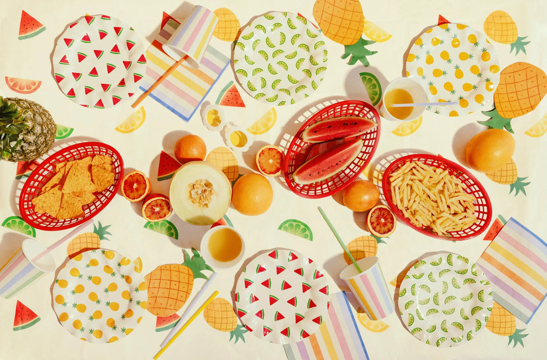 Fruit Paper Plates - Summer Party Tableware - Tropical Picnic Decor - 20.5cm Plates - Watermelon, Lime, Pineapple - BBQ Birthday - Pack Of 6 - Jolie Fete UK