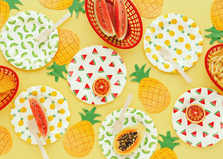 Fruit Paper Plates - Summer Party Tableware - Tropical Picnic Decor - 20.5cm Plates - Watermelon, Lime, Pineapple - BBQ Birthday - Pack Of 6 - Jolie Fete UK