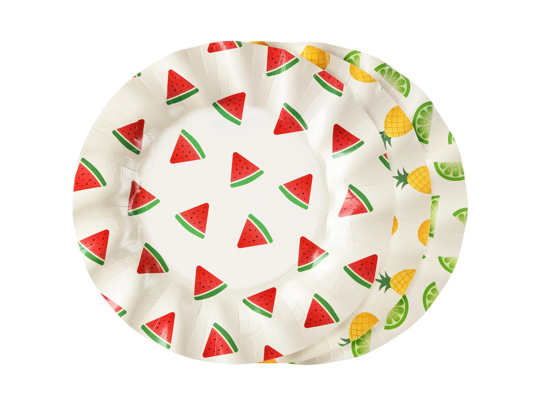 Fruit Paper Plates - Summer Party Tableware - Tropical Picnic Decor - 20.5cm Plates - Watermelon, Lime, Pineapple - BBQ Birthday - Pack Of 6 - Jolie Fete UK