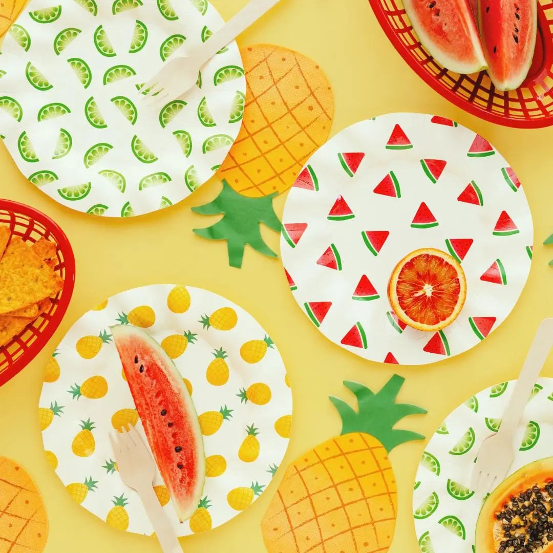 Fruit Paper Plates - Summer Party Tableware - Tropical Picnic Decor - 20.5cm Plates - Watermelon, Lime, Pineapple - BBQ Birthday - Pack Of 6 - Jolie Fete UK