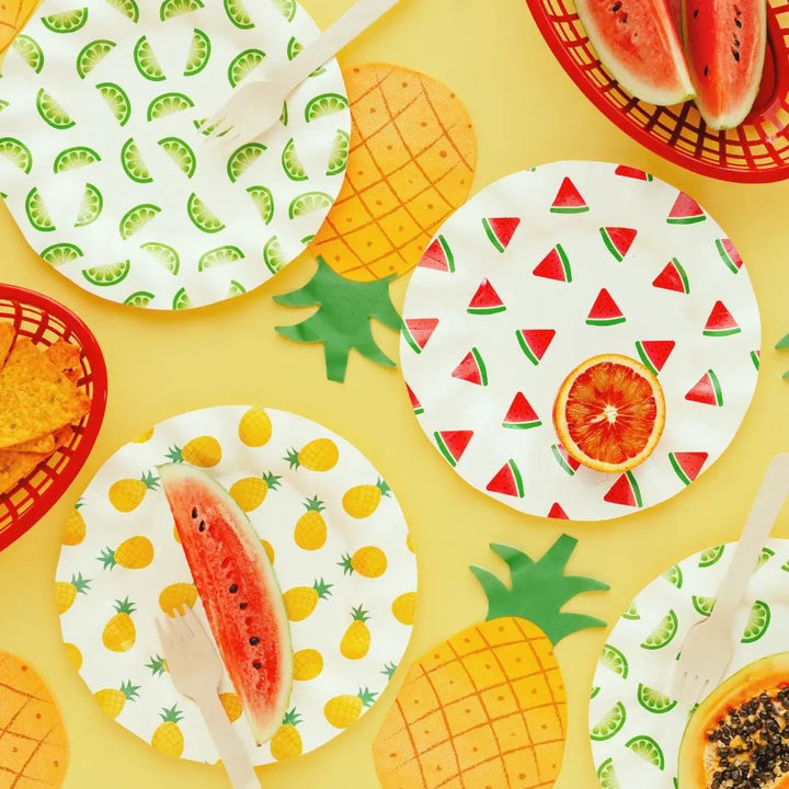 Fruit Paper Plates - Summer Party Tableware - Tropical Picnic Decor - 20.5cm Plates - Watermelon, Lime, Pineapple - BBQ Birthday - Pack Of 6 - Jolie Fete UK