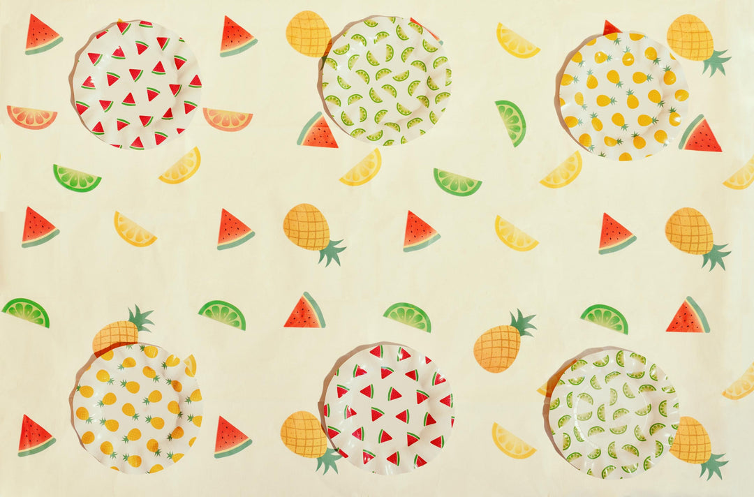 Fruit Print Tablecloth - Tropical Summer Party Decor - 180x120cm Table Cover - Hen Party Garden BBQ Supplies - Rainbow Fruit Theme - Jolie Fete UK