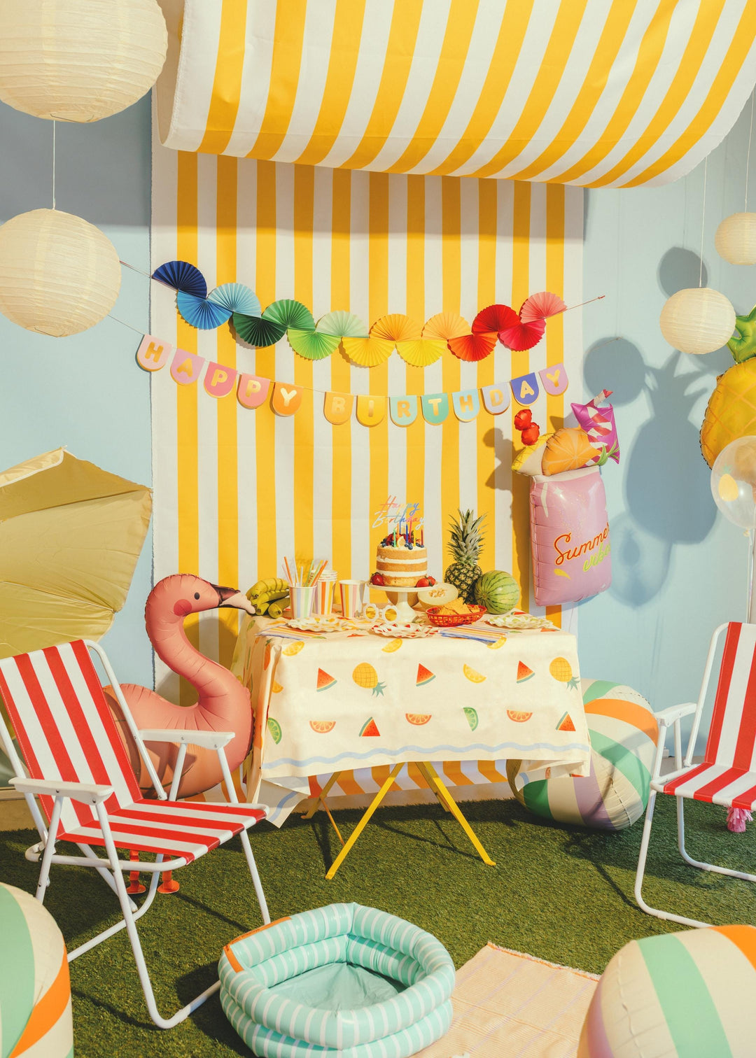 Fruit Print Tablecloth - Tropical Summer Party Decor - 180x120cm Table Cover - Hen Party Garden BBQ Supplies - Rainbow Fruit Theme - Jolie Fete UK