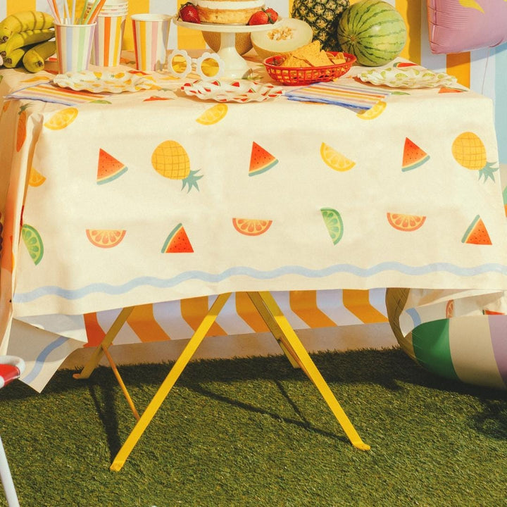 Fruit Print Tablecloth - Tropical Summer Party Decor - 180x120cm Table Cover - Hen Party Garden BBQ Supplies - Rainbow Fruit Theme - Jolie Fete UK