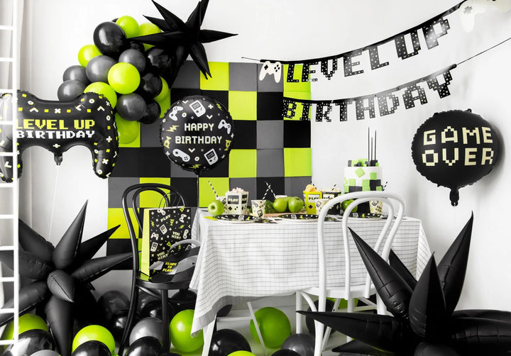Gaming Party Balloon - Happy Birthday Balloon - Video Game Party Decor - Level Up Birthday Balloon - Black & Lime Green Gamer Theme - 18" - Jolie Fete UK