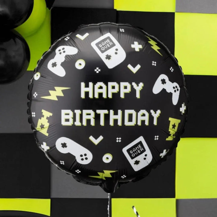 Gaming Party Balloon - Happy Birthday Balloon - Video Game Party Decor - Level Up Birthday Balloon - Black & Lime Green Gamer Theme - 18" - Jolie Fete UK