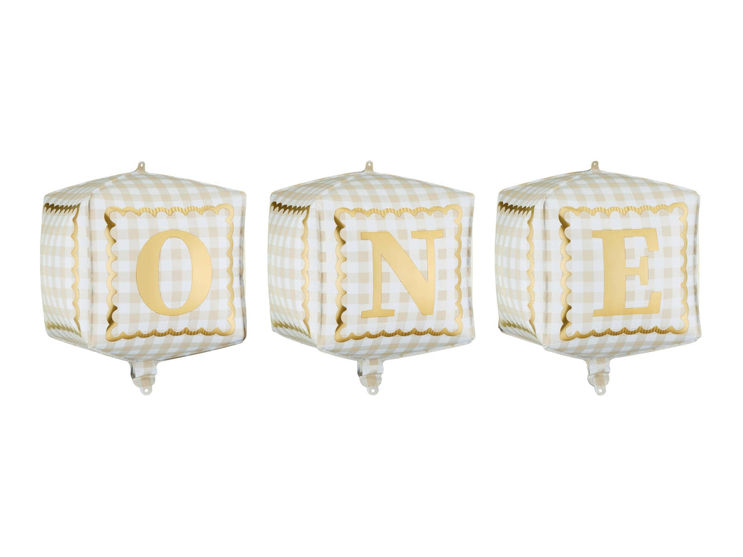 Gingham ONE Cube Balloons - 1st Birthday Foil Blocks - Smash Cake Decor - Neutral Milestone - One Little Mouse First Birthday - Pack Of 3 - Jolie Fete UK