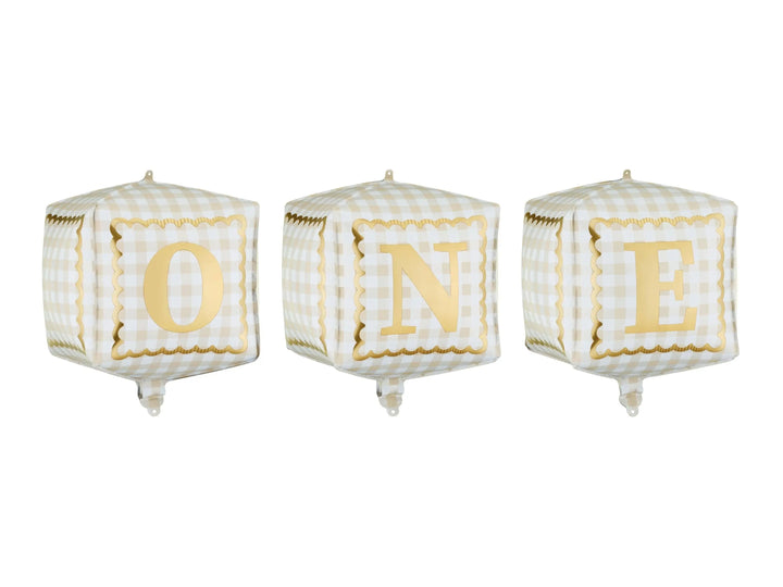 Gingham ONE Cube Balloons - 1st Birthday Foil Blocks - Smash Cake Decor - Neutral Milestone - One Little Mouse First Birthday - Pack Of 3 - Jolie Fete UK