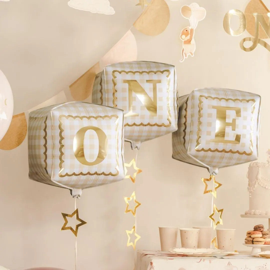 Gingham ONE Cube Balloons - 1st Birthday Foil Blocks - Smash Cake Decor - Neutral Milestone - One Little Mouse First Birthday - Pack Of 3 - Jolie Fete UK