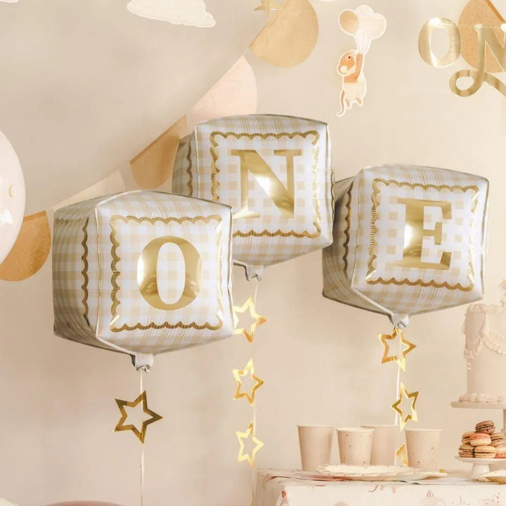 Gingham ONE Cube Balloons - 1st Birthday Foil Blocks - Smash Cake Decor - Neutral Milestone - One Little Mouse First Birthday - Pack Of 3 - Jolie Fete UK