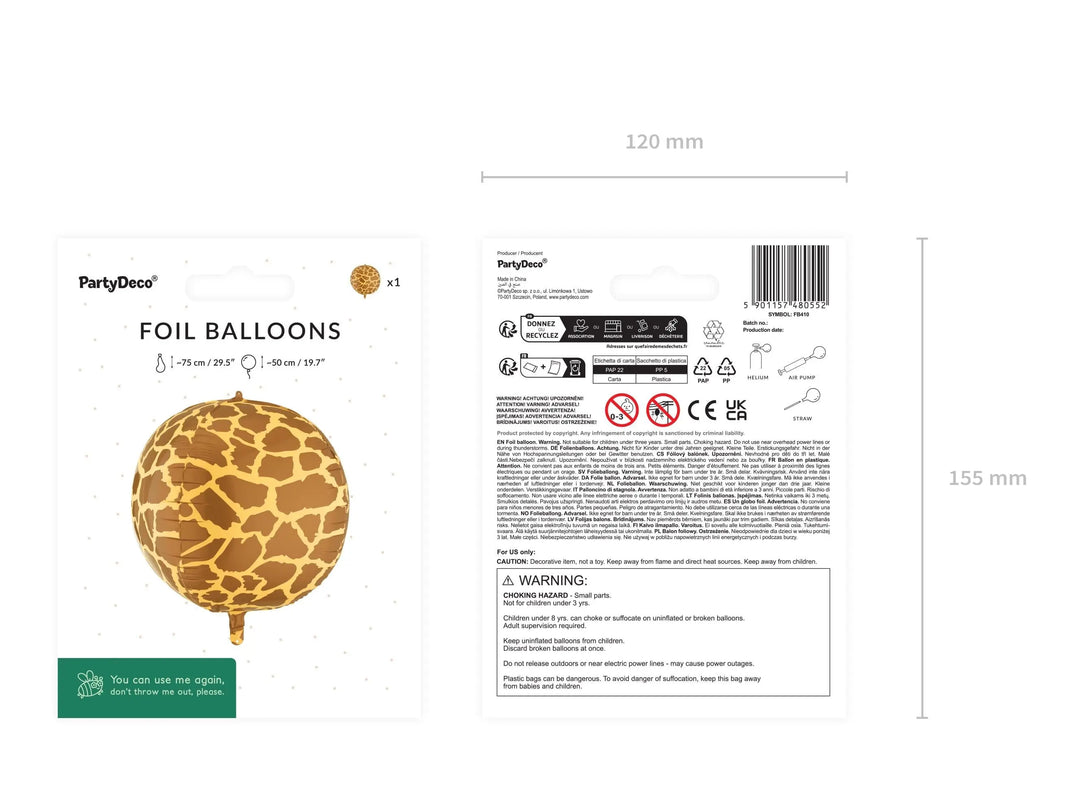 Giraffe Print Balloon - Safari Birthday Decorations - Jungle Theme Foil Ball Balloon - Orb Ball Balloon - Wild One Party - Kids Birthday - Jolie Fete UK
