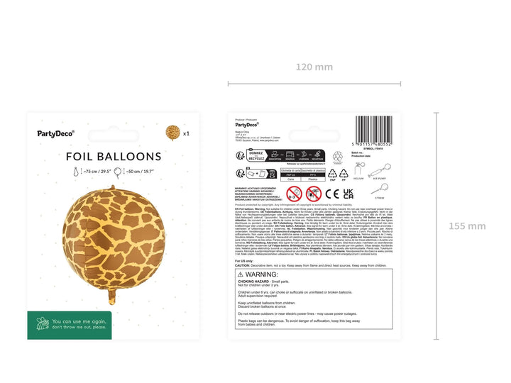 Giraffe Print Balloon - Safari Birthday Decorations - Jungle Theme Foil Ball Balloon - Orb Ball Balloon - Wild One Party - Kids Birthday - Jolie Fete UK
