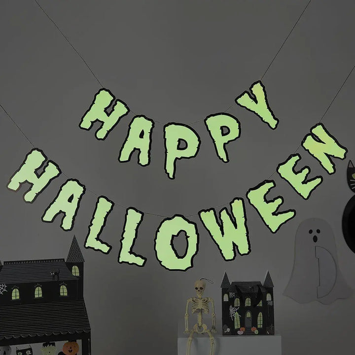 Happy Halloween Banner - Glow In The Dark Halloween Card Bunting - Halloween Party Decorations - Retro Halloween - 2m - Jolie Fete UK