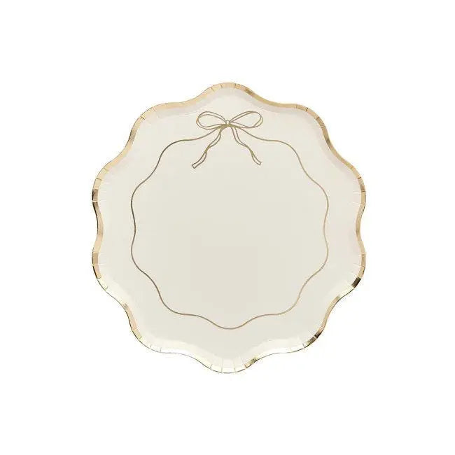 Gold & White Wavy Edge Bow Paper Plates - Gold Foil Tableware - Elegant Birthday, Christmas and Wedding Party Plates - Han Party -Pack of 8 - Jolie Fete UK