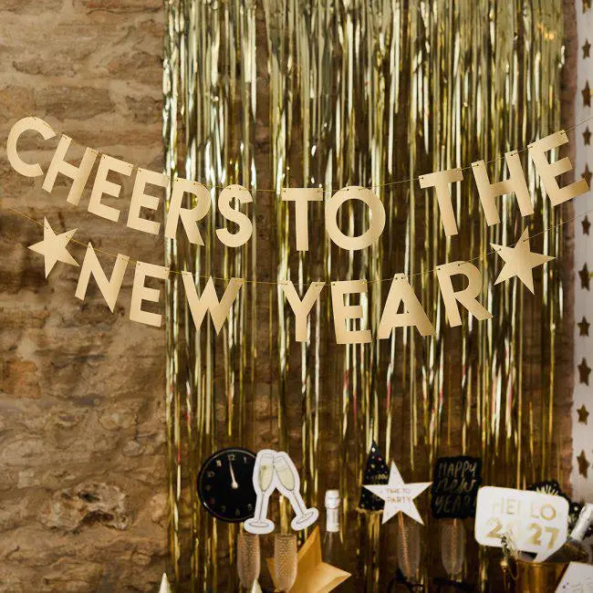 Gold 'Cheers to the New Year' Banner - New Years Eve Party Decoration - 2m Card Bunting - NYE Countdown Party Supplies - Jolie Fete UK