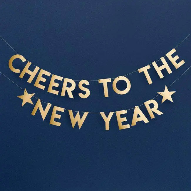 Gold 'Cheers to the New Year' Banner - New Years Eve Party Decoration - 2m Card Bunting - NYE Countdown Party Supplies - Jolie Fete UK