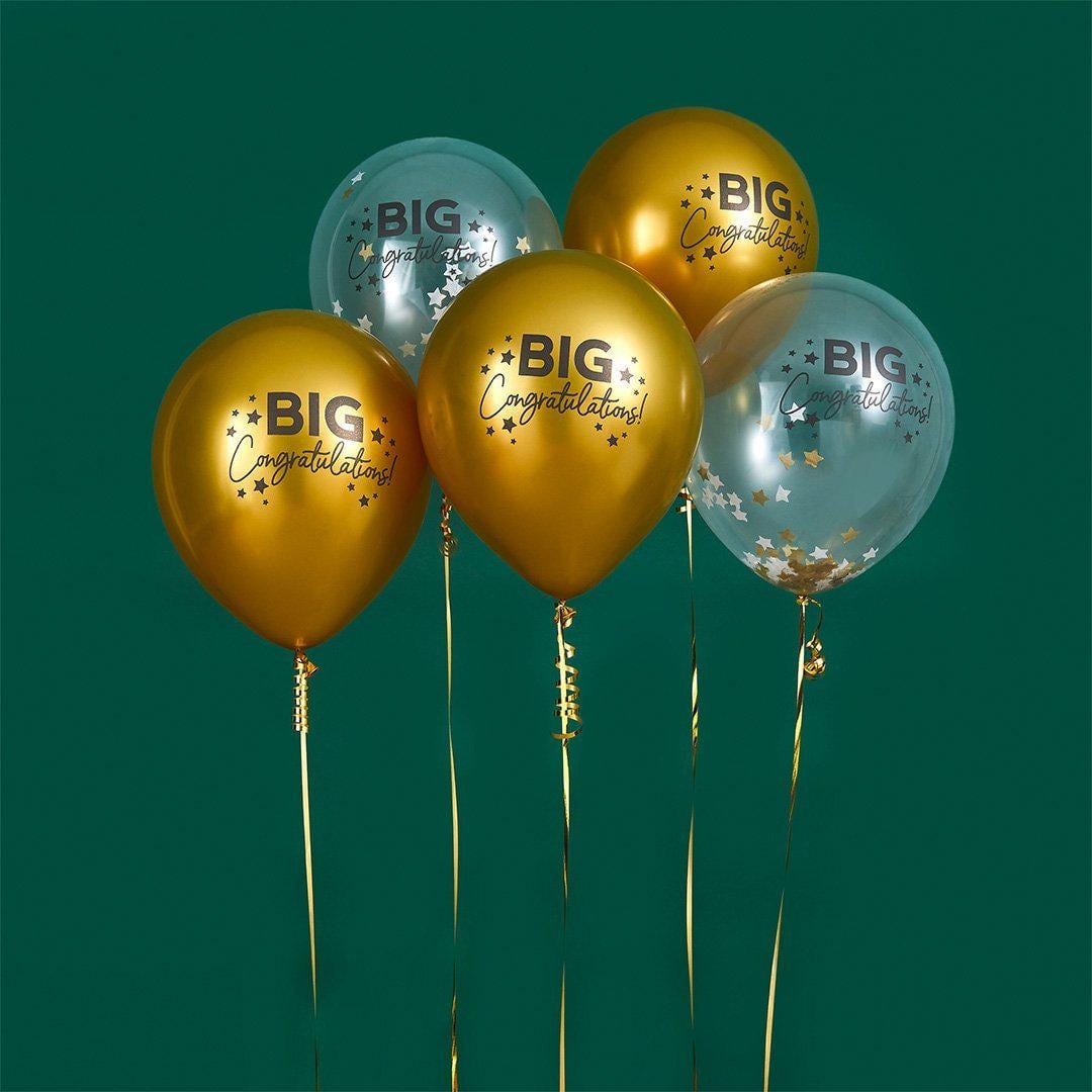 Congratulations Balloons - Gold Big Congratulations Balloon Bundle - Congrats Confetti Balloons - Gold Balloons - 12" Balloons - Pack of 5 - Jolie Fete UK