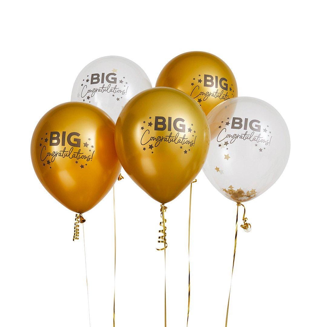Congratulations Balloons - Gold Big Congratulations Balloon Bundle - Congrats Confetti Balloons - Gold Balloons - 12" Balloons - Pack of 5 - Jolie Fete UK