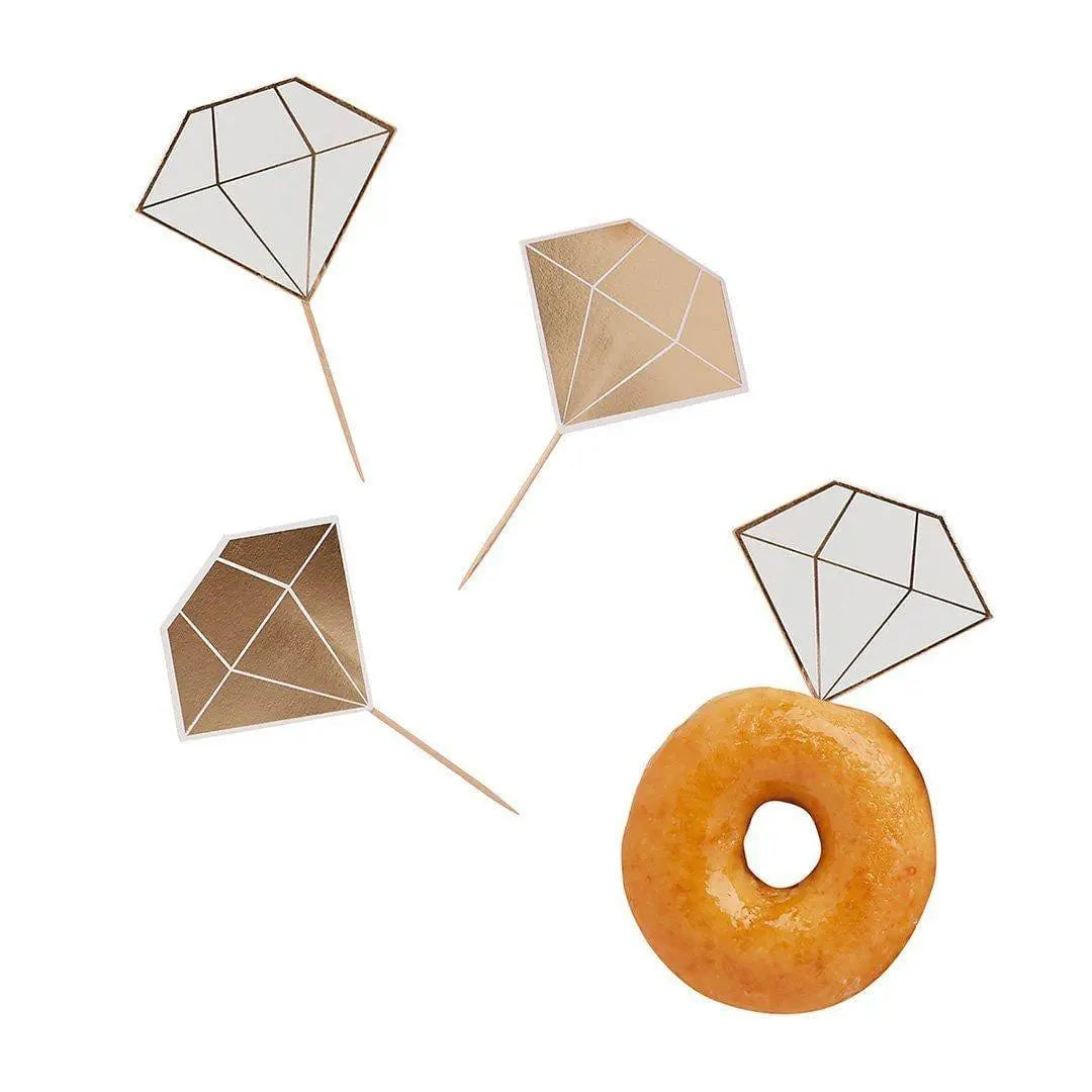 Gold Diamond Ring Cupcake Toppers - Gold & White Engagement Ring Food Picks - Hen Party Table Decorations - Engagement Party - Pack of 12 - Jolie Fete UK