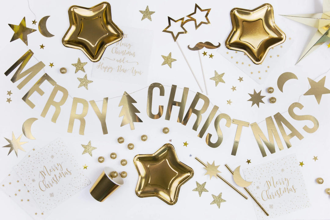 Gold Merry Christmas Bunting - Christmas Garland - Christmas Party Decorations - Reusable Decoration - Backdrop - Holiday Decor - 150cm Long - Jolie Fete UK