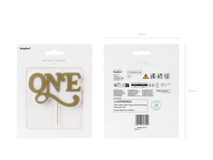 Gold ONE Birthday Cake Candle - 1st Birthday Cake Topper - Gold Script - Toddler Milestone Birthday Party Supplies - One Little Mouse - Jolie Fete UK