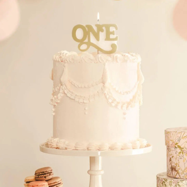 Gold ONE Birthday Cake Candle - 1st Birthday Cake Topper - Gold Script - Toddler Milestone Birthday Party Supplies - One Little Mouse - Jolie Fete UK