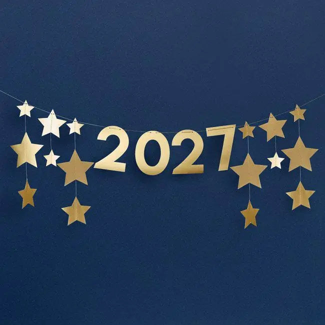 Gold Star Customisable Card Banner - Personalise The Year - 2m Party Bunting for Birthday, Anniversary, New Year Celebrations - Jolie Fete UK