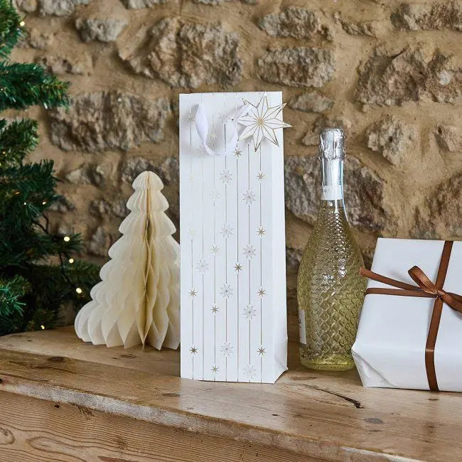 Gold Star Bottle Gift Bag - Cream & Gold Foiled Christmas Wine Bottle Bag - Festive Present Wrap - Xmas Bottle Cover - Holiday Gift Bag - Jolie Fete UK