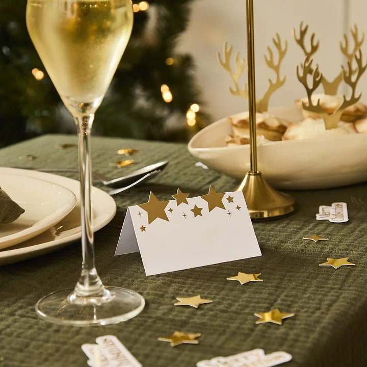 Gold Star Place Cards - Gold & White Christmas Table Place Cards - Gold Stars - Christmas Party Decorations - Holiday Decor - Pack Of 10 - Jolie Fete UK