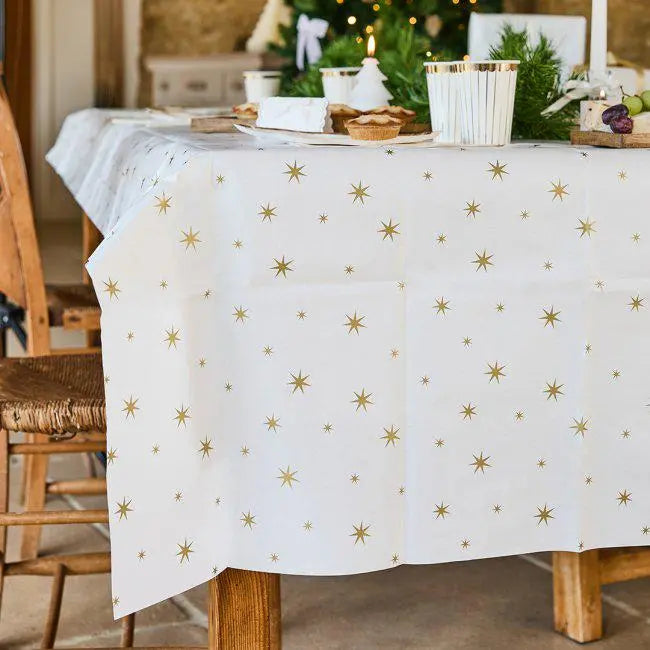 Gold Star Paper Tablecloth - Christmas Disposable Table Cover - Festive Gold & White Party Tableware - Xmas Table Decoration -New Year Party - Jolie Fete UK