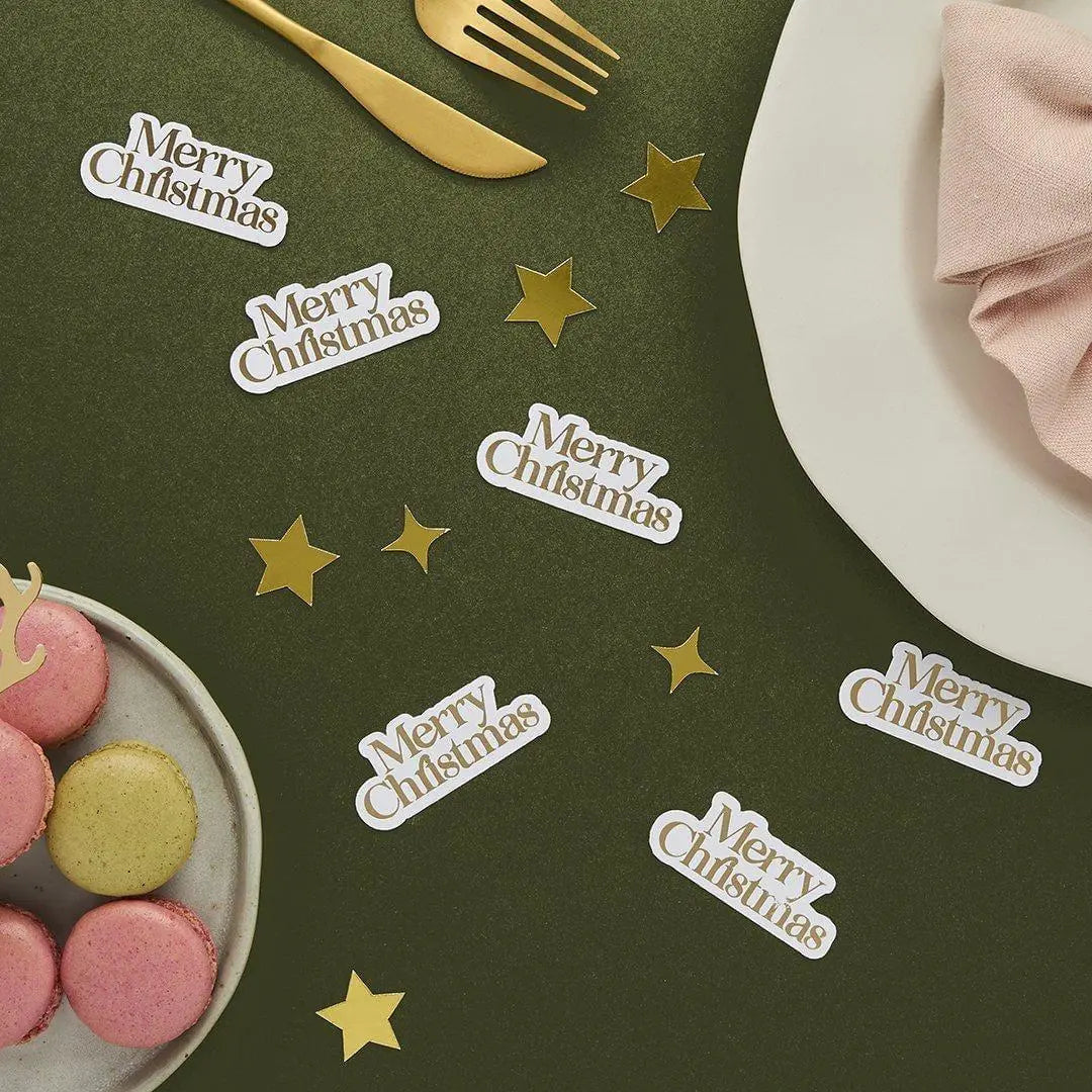 Merry Christmas Table Scatters - Gold & White Christmas Table Confetti - Gold Stars - Christmas Party Decorations - Holiday Decor - 10g - Jolie Fete UK