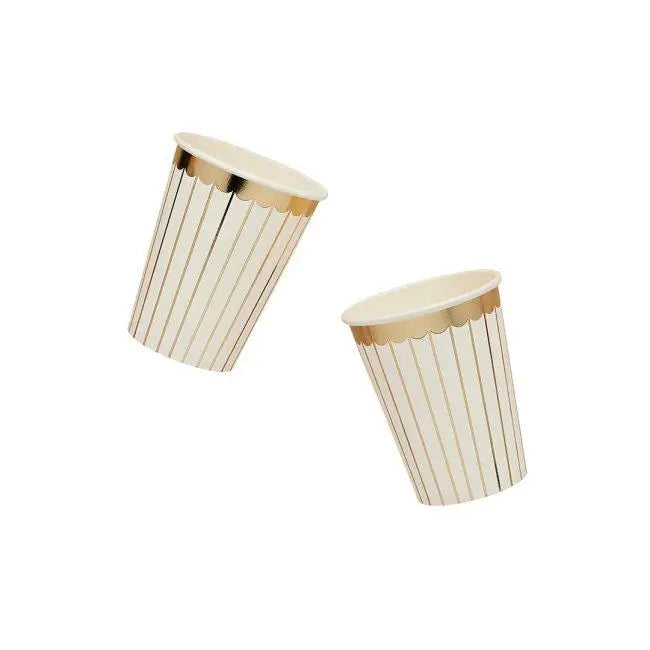 Gold & White Striped Paper Cups - Pack of 8 - Gold Foil Party Cups - Christmas, Birthday, Wedding Party Tableware - Disposable Drinking Cups - Jolie Fete UK
