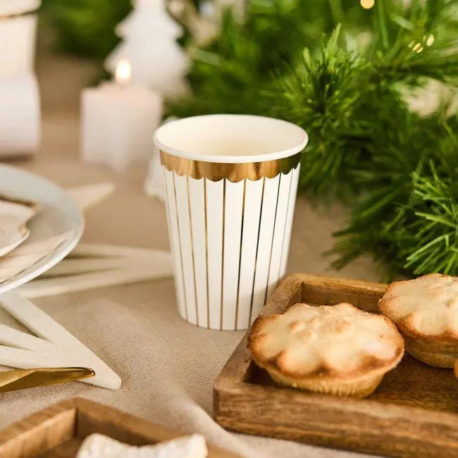 Gold & White Striped Paper Cups - Pack of 8 - Gold Foil Party Cups - Christmas, Birthday, Wedding Party Tableware - Disposable Drinking Cups - Jolie Fete UK
