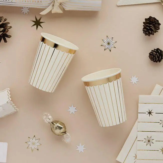 Gold & White Striped Paper Cups - Pack of 8 - Gold Foil Party Cups - Christmas, Birthday, Wedding Party Tableware - Disposable Drinking Cups - Jolie Fete UK
