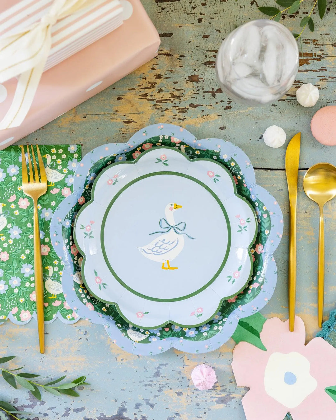 Goose Pattern Dinner Napkins - One Silly Goose Party Paper Napkins - Spring Tableware - Green Pink Blue Cream - Scalloped Edge - Pack of 24 - Jolie Fete UK