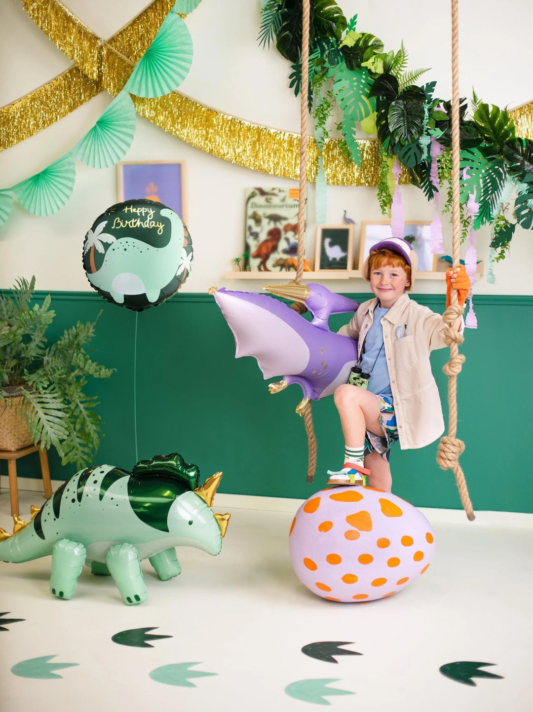 Dinosaur Balloon - Brontosaurus Happy Birthday Balloon - Dino Theme Party Decor - Mint & Forest Green Foil Balloon - Roar Into One Two Three - Jolie Fete UK
