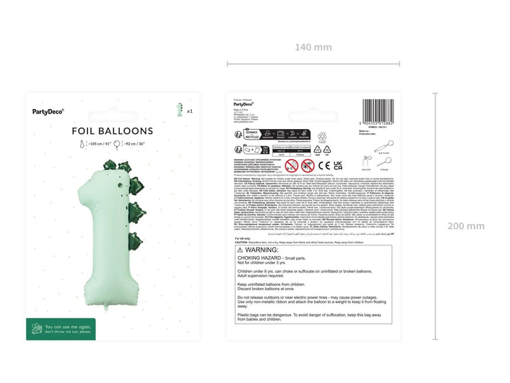 Green Number 1 Dinosaur Foil Balloon -Large 92cm First Birthday Decor-Wild One Party Supplies-Roar 1st Birthday Photo Prop-Stegosaurus Theme - Jolie Fete UK