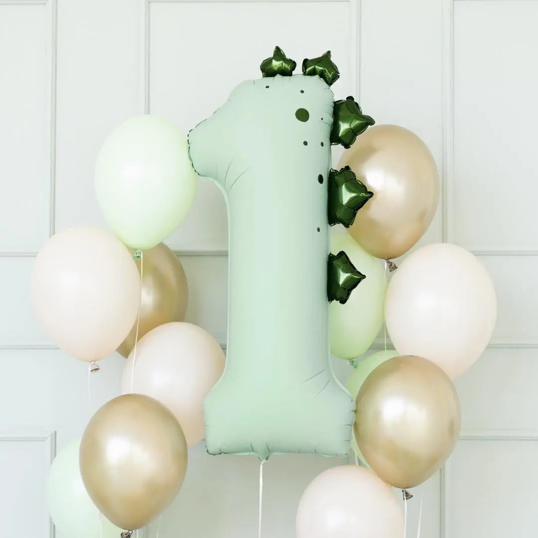 Green Number 1 Dinosaur Foil Balloon -Large 92cm First Birthday Decor-Wild One Party Supplies-Roar 1st Birthday Photo Prop-Stegosaurus Theme - Jolie Fete UK