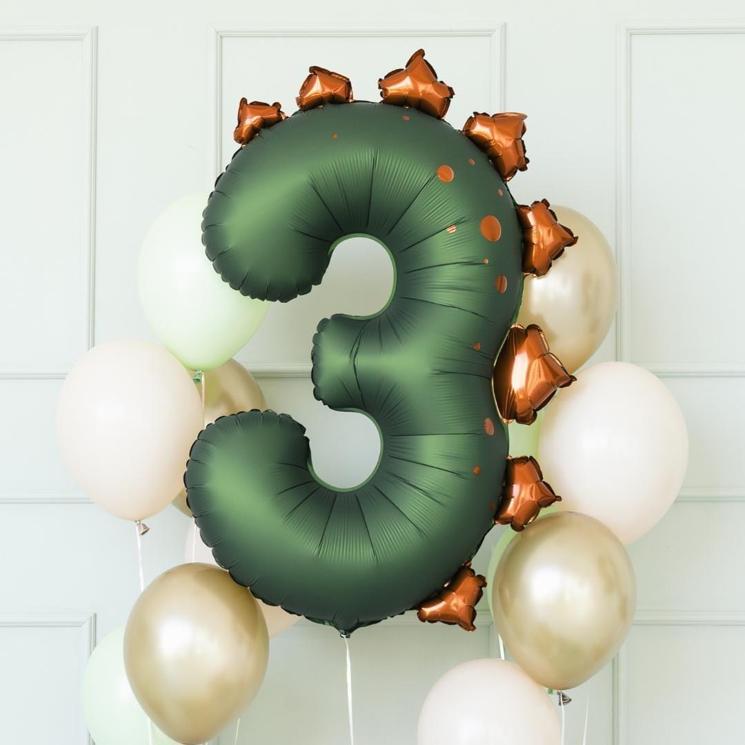 Green Number 3 Dinosaur Foil Balloon - 92cm Large Three Rex Birthday Decor - Spiky Dino Theme Party Supples - Roar Third Birthday - Jolie Fete UK