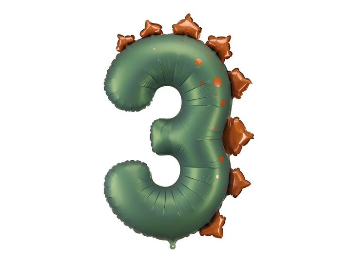 Green Number 3 Dinosaur Foil Balloon - 92cm Large Three Rex Birthday Decor - Spiky Dino Theme Party Supples - Roar Third Birthday - Jolie Fete UK