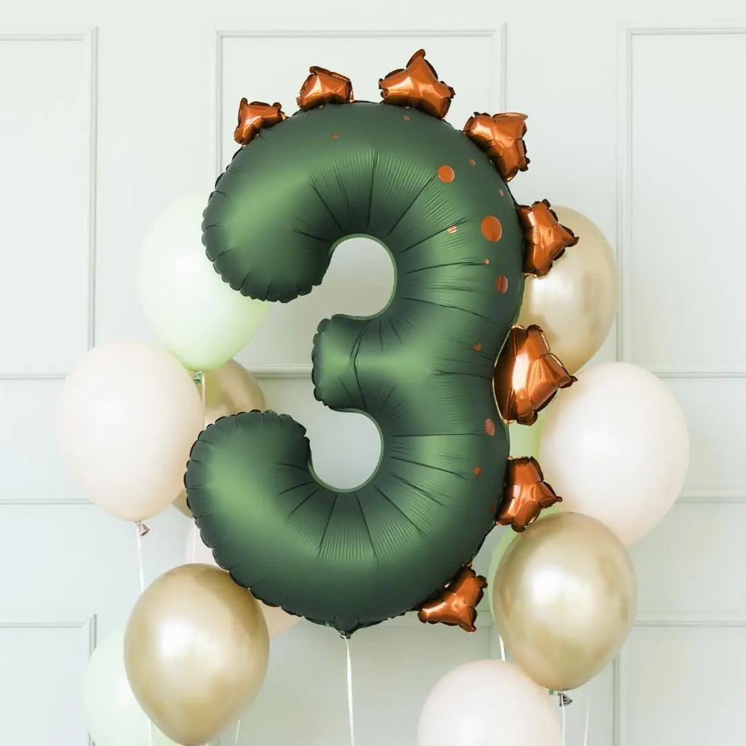 Green Number 3 Dinosaur Foil Balloon - 92cm Large Three Rex Birthday Decor - Spiky Dino Theme Party Supples - Roar Third Birthday - Jolie Fete UK
