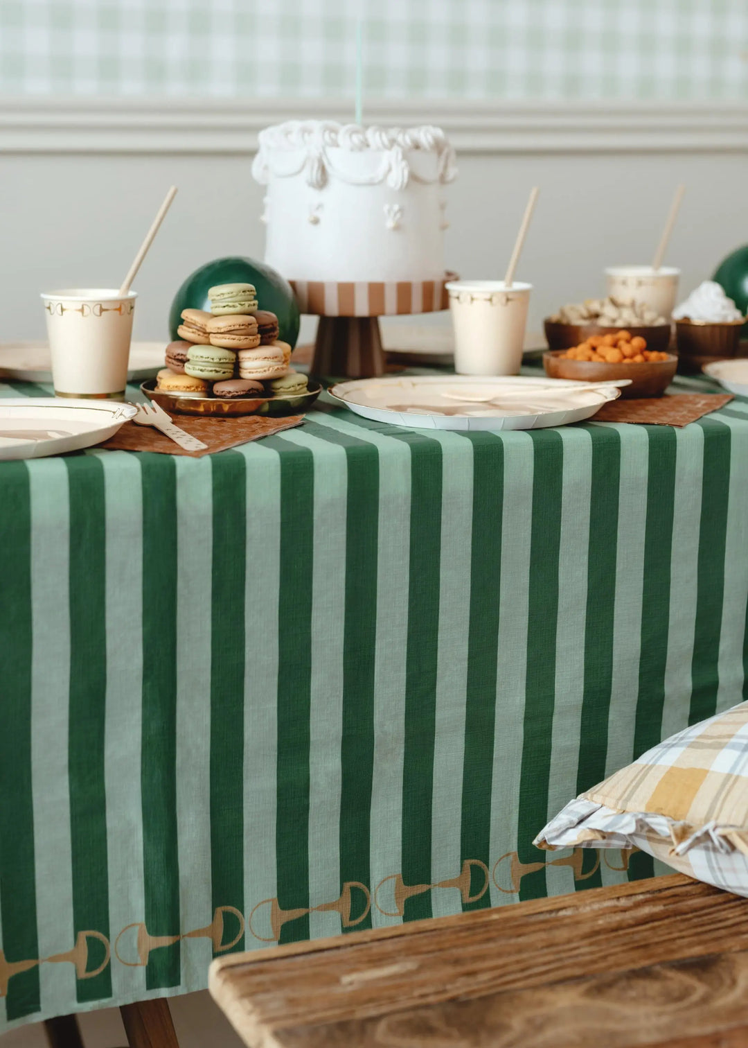 Green Stripe Tablecloth - Horse Party Green & Gold Table Cover - Birthday Party Decorations - Disposable Tableware -Western Party-Farm Party - Jolie Fete UK