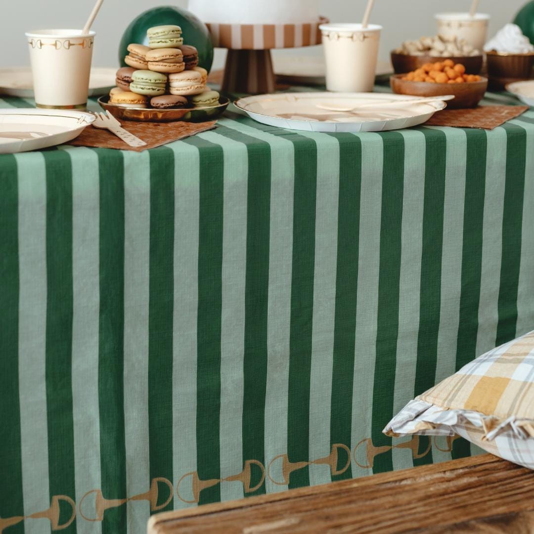 Green Stripe Tablecloth - Horse Party Green & Gold Table Cover - Birthday Party Decorations - Disposable Tableware -Western Party-Farm Party - Jolie Fete UK