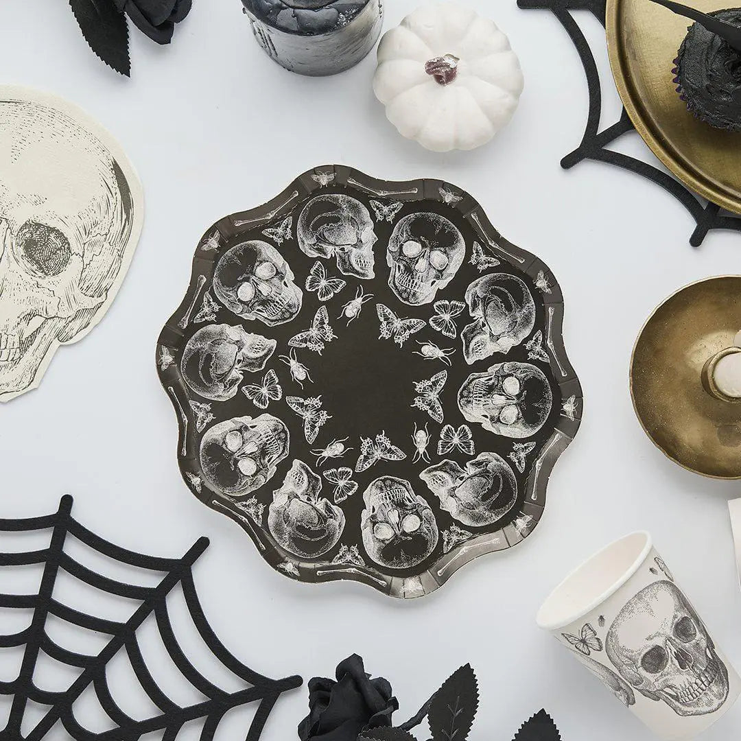 Halloween Skull Plates - Black & White Skull Paper Plates - Halloween Party Table Decorations - Creepy Chic Halloween - Pack Of 8 - Jolie Fete UK