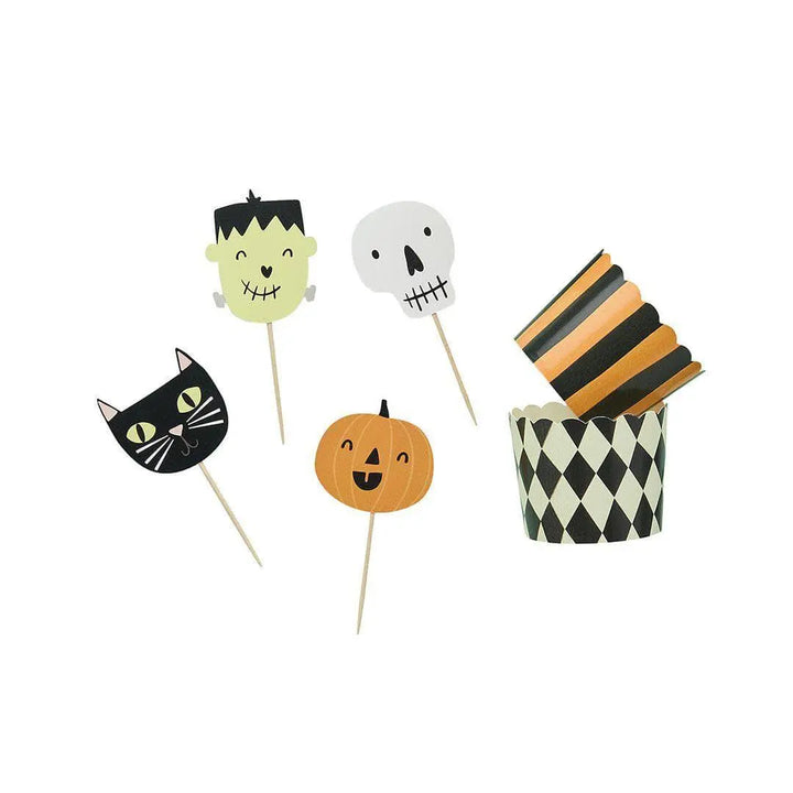 Halloween Food Cups & Picks Set - Halloween Treat Cups - Pumpkin, Ghost, Black Cat - Halloween Party Decorations -Retro Halloween-Pack Of 12 - Jolie Fete UK